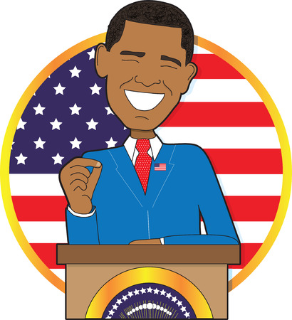 A portrait of President Barack Obama standing at a podium with the American Flag behind himのeditorial素材
