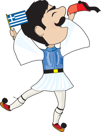 A Greek Evzone dancing with a Greek flagのイラスト素材