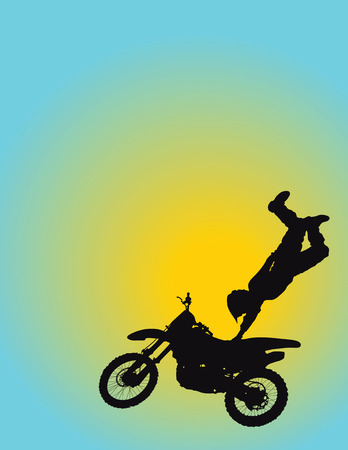 Silhouette of a young man flying through the air on his motorcycle with one hand on the seatのイラスト素材