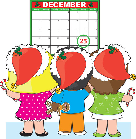 Three children standing in front  of a December calendar.のイラスト素材