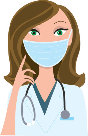 A young woman wearing a medical mask and pointing to it with her fingerのイラスト素材