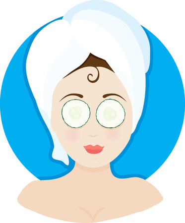 A woman having a facial with a towel on her head and cucumbers on her eyesのイラスト素材