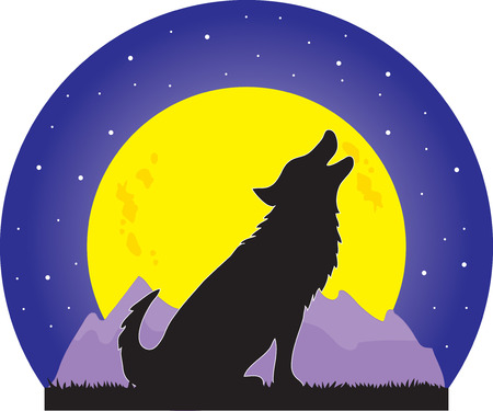 A silhouette of a wolf howling at a large yellow moon on a starry nightのイラスト素材