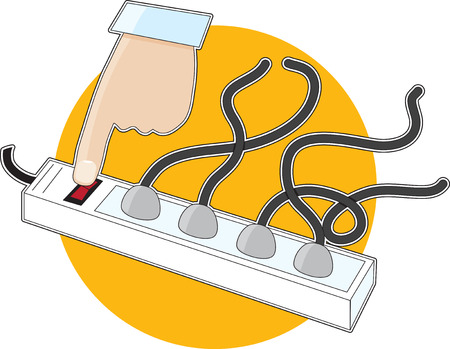A man's hand pressing the button on a power bar full of plugsのイラスト素材
