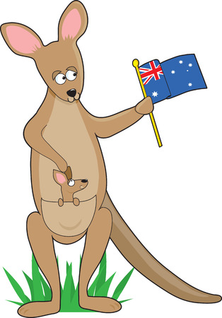 A kangaroo holding an Australian flag. Ther is a joey in her pouch. It is shaped like the letter Kのイラスト素材