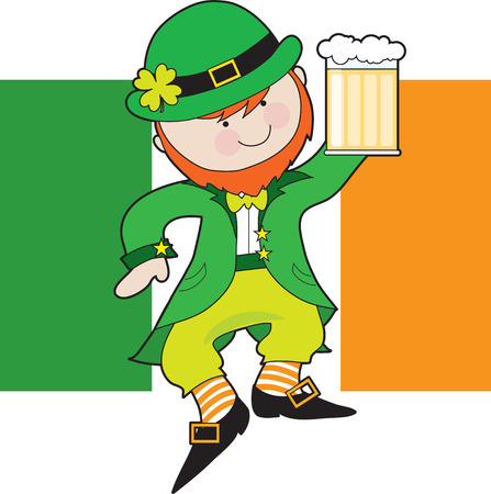 A leprechaun is dancing with a mug of beer in his hand. Behind him is the Irish Flagのイラスト素材