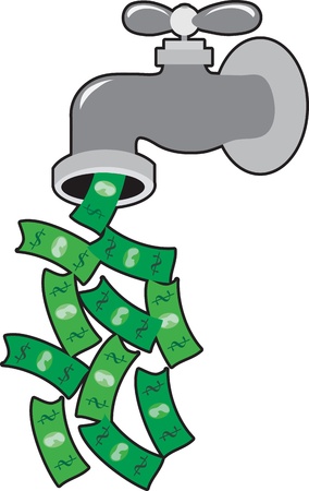 A faucet is dripping dollar bills instead of waterのイラスト素材