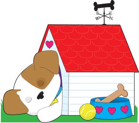 A cute puppy is sleeping in its dog house. The weathervane is shaped like a bone のイラスト素材