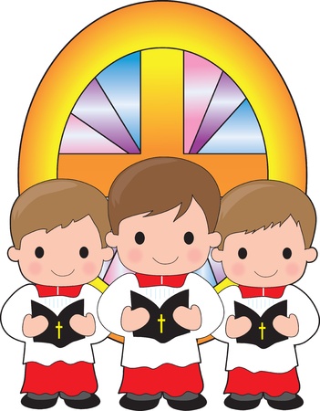 A trio of altar boys are holding bibles and standing in front of a stained glass windowのイラスト素材