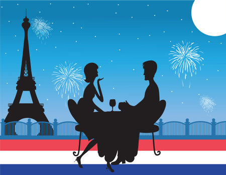 A silhouette of  a romantic couple drinking wine against a backdrop of the Eiffel Tower in Paris. Fireworks are exploding in the sky. The colors of the French flag are across the bottomのイラスト素材