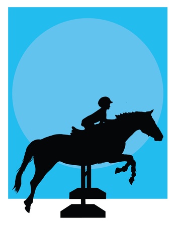 Silhouette of a child jumping a horse against a blue backgroundのイラスト素材