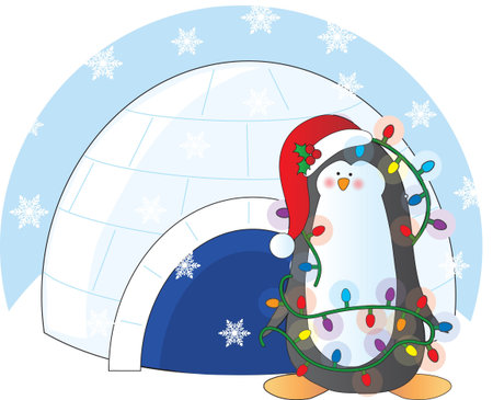A penguin adorned with Chritmas lights and wearing a Christmas toque, stands in front of an igloo...