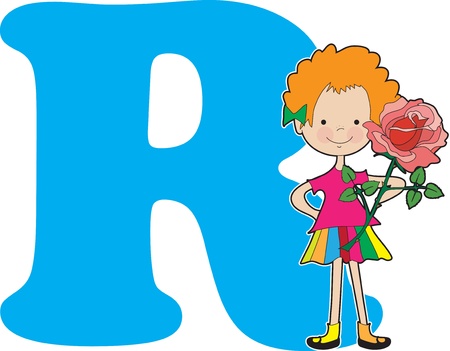 A young girl holding a rose to stand for the letter Rのイラスト素材