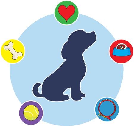A silhouette of a puppy in profile on a circular background, with icons of puppy thoughts dotted around the circle の写真素材