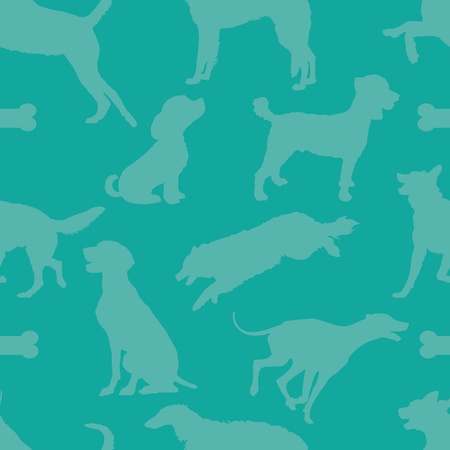 A seamless pattern comprised of dog silhouettes, over a solid teal color background の写真素材