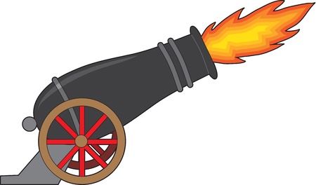 A black cannon attached to a wheeled carriage, belches fire from it's muzzle.の写真素材