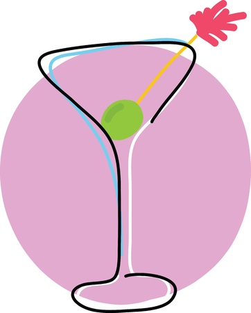 A stylized outline of a Martini glass with an olive on a swizzle stick, and a dash of colour for flair.の写真素材