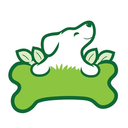 A cute puppy with a big green bone, grass and leavesのイラスト素材
