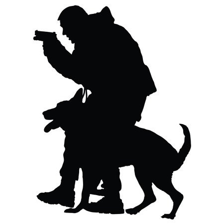 Silhouette of a police officer with a gun and his dog partner のイラスト素材