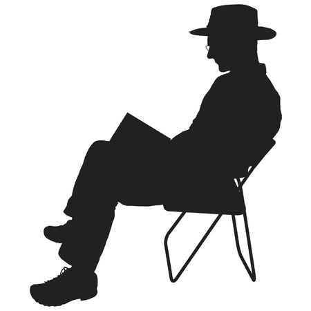 Silhouette of a man reading. He is sitting in a chair and wearing a hat and glassesのイラスト素材