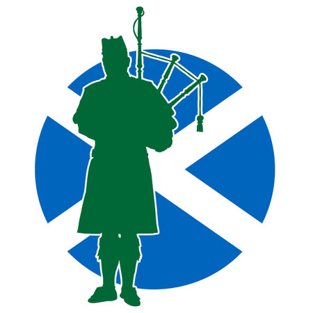 A silhouette of a Scottish piper playing the bagpipes. The Scottish flag is in the backgroundのイラスト素材