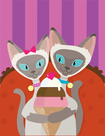 A pair of Siamese Cats are enjoying an ice cream cone togetherのイラスト素材