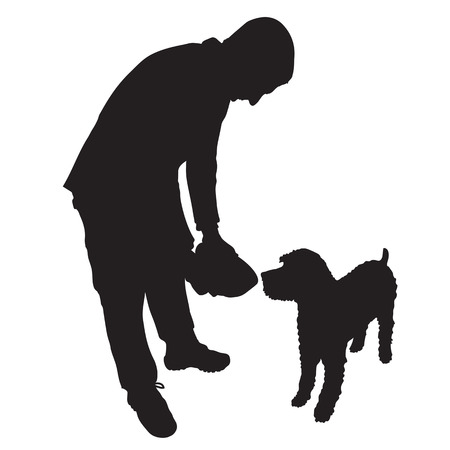 A man is about to feed a dog some food or water from a bowlのイラスト素材