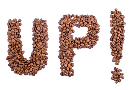 word of the UP of the coffee beans on white backgroundの写真素材