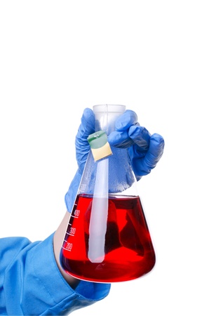 flask with red liquid on white backgroundの写真素材