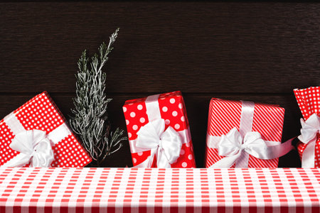 Fabric tabletop with christmas gift box happy new year celebrate concept for product montage...