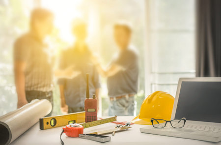 Engineer people teamwork discussing for plane blueprint design at site construction, photography...