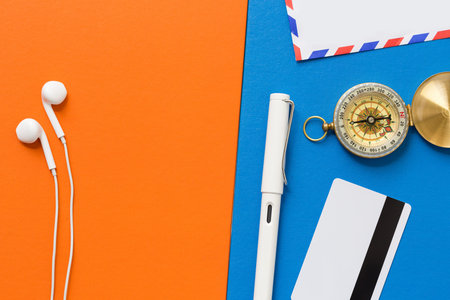 Office table colorful modern style mock up with supply, blank area for text or product displayの写真素材