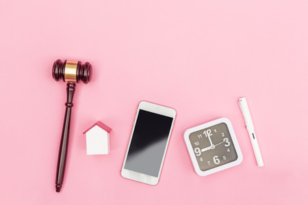 Top view lawyer desk, object on pink background.の写真素材