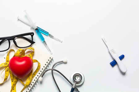 Medical hospical equipment top view, stethoscope for heart disease concept.の写真素材