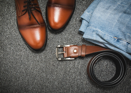 Close up fashion shoes and apparel for men style.の写真素材