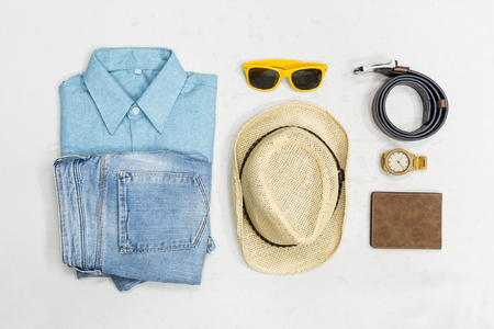 Top view summer vintage clothes for men fashion lifestyle.の写真素材