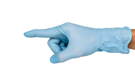 Doctor hand glove shows first on white background.の写真素材