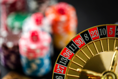 Roulette wheel gambling in a casino table close up.の写真素材