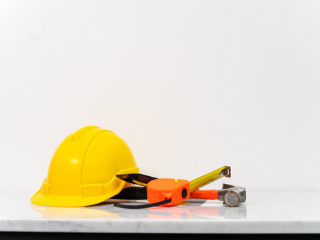 Engineer equipment tools put on white marble counter.