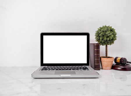 Blank screen laptop with tree pot, wood gavel and vintage book, lawyer workplace mockup with white...