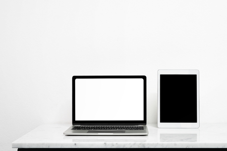 Mock up computer and desktop for your advertise modern technology concept.の写真素材