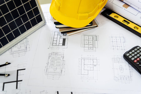 Desk of architects Solar Energy Powered Home Green for reduce global warming concept.