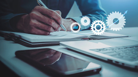 Business man with financial reports, kpi intelligence dashboard workflow gear digital AI marketing graph, success project.の写真素材