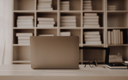 Laptop put on desk of business office, mockup of bookkeeping.の写真素材