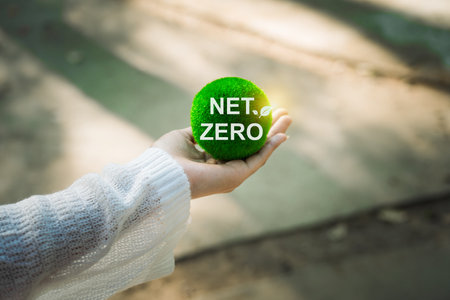 sustainable living with a hand holding a green ball, reflecting environmental, social, and governance (ESG) values, promoting the net zero concept for a greener future.の写真素材