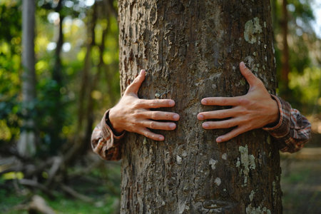 Human hands touching tree green forest in tropical woods, hug tree or protect environment, co2, net zero concept, pollution or climate change, earth dayの写真素材