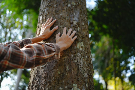 Human hands touching tree green forest in tropical woods, hug tree or protect environment, co2, net zero concept, pollution or climate change, earth dayの写真素材