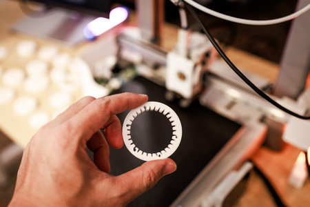 Hand holding a circular 3d printed part near a desktop 3d printer in a workshop