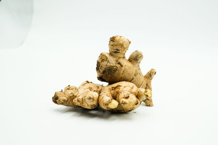 Ginger or Zingiber officinale shots on isolated white background.