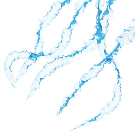 Ribbons hanging from the top in blue on a white の写真素材